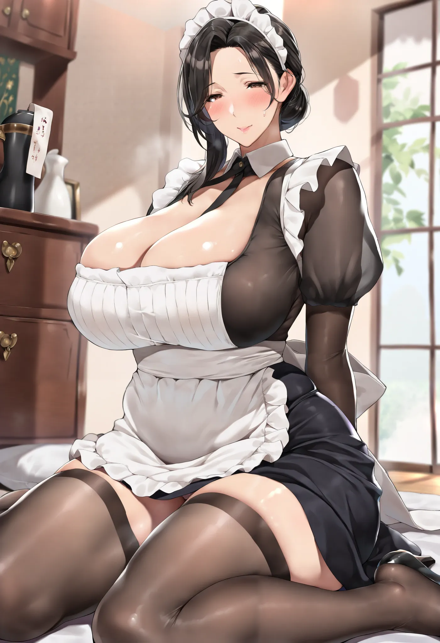 (masterpiece:1.5), (best quality:1.5), (ultra-detailed:1.3), (best quality:1.2), (highly detailed:1.2), (highres:1.2), (attractive mature woman:1.3), housekeeper, milf, clumsy, voluptuous and curvaceous figure, maid uniform, black skirt, thigh-high stockin...