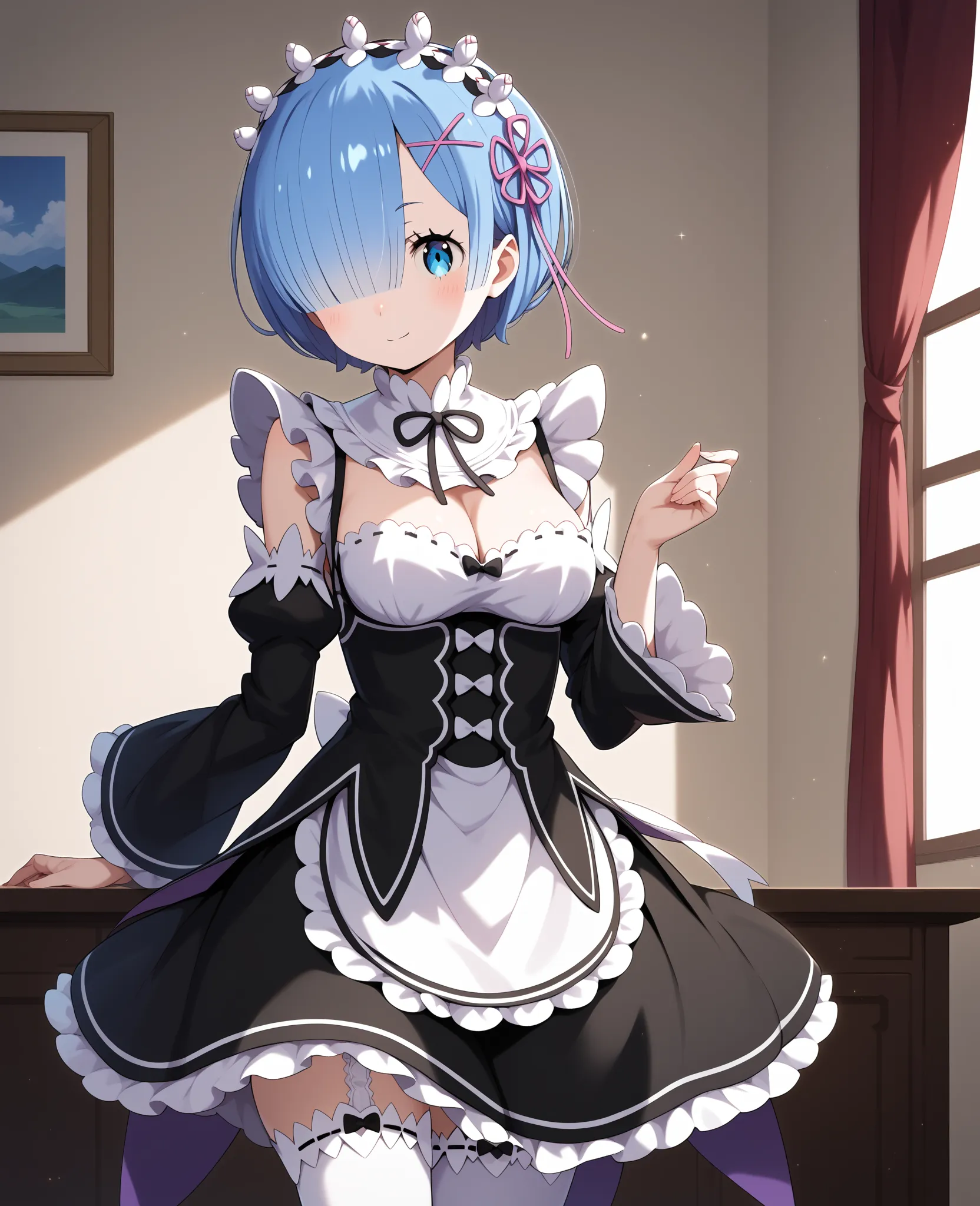 aarem, short hair, blue hair, maid headdress, x hair ornament, hair ribbon, hair over one eye, blue eyes, breasts, frilled collar, neck ribbon, cleavage, frills, dress, detached sleeves, apron, white thighhighs, garter straps