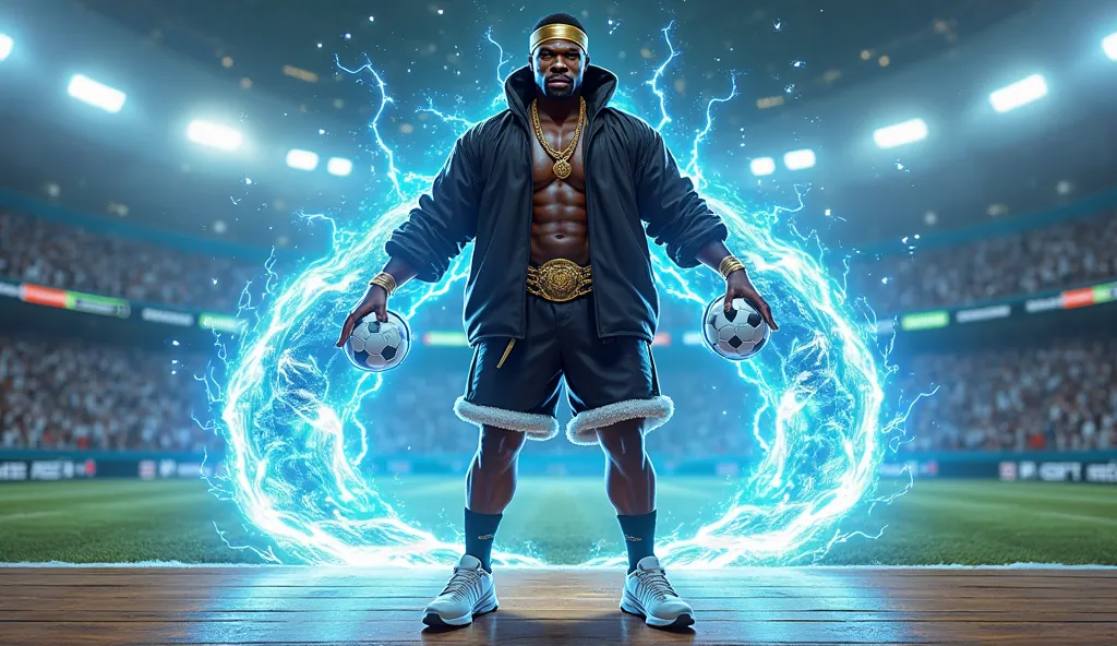 50cent, standing confidently in a football stadium, surrounded by vibrant neon energy effects. He wears a black hip hop ensemble with gold accents, matching black shorts with fluffy white trim, and white sneakers with glittery accents, secured by a gold he...