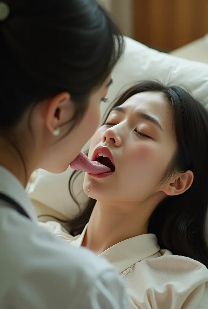 a young japanese woman sleeping on bed, japanese female doctor sitting in front of her, doctor brings face closer, (tongue kiss), (Japanese female doctor Sucking woman’s wet tongue), (woman is open mouth), (woman is tongue sticks out), ((woman is many sali...