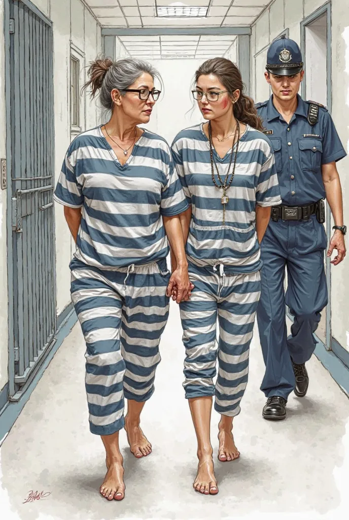 realistic linart drawing front view barefoot mature 46-years-old woman with bruise under eye and her bsrefoot sdult daughter, both in same striped prison uniforms, their hands behind, she leaned forward low, going in prison corridor with bars, a policewoma...