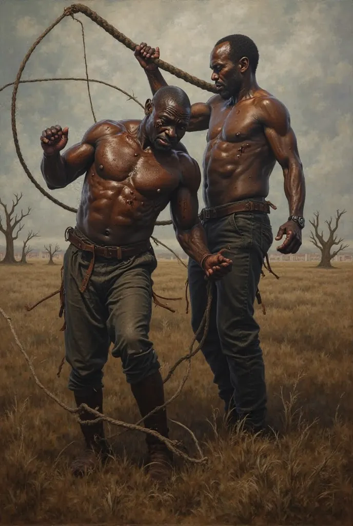 Can you give me an allegory of a black man being flogged by a white man in a field? 