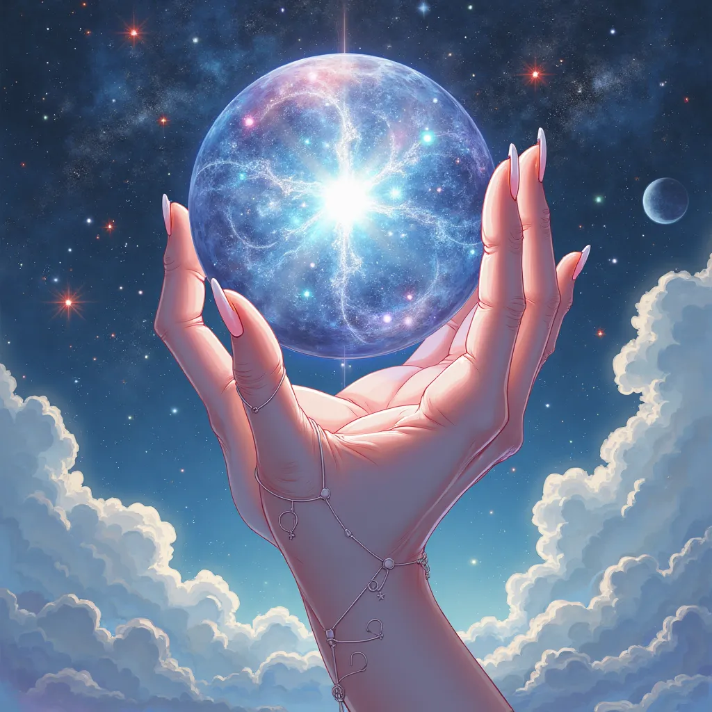 Feminine right hand, grasping an abstract ball that is like the universe. Anime art illustration 