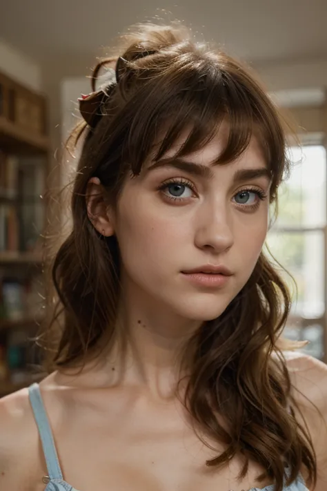 a girl who's really similar to Natalia Dyer, but with lighter blue eyes and huge curly lioness hairstyle, she's also is the 19th century