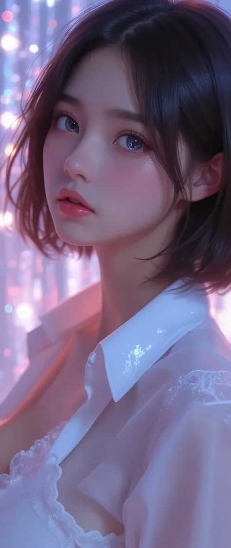 ( A Cybernetic Eye:2.0), best quality , high image quality during sick leave, 16k, stations that emphasizes the buttocks and is unbelievably stupid , very detailed, 2.5D, pastel fantasy with detailed descriptions, cute sexy girl, (、Deep cleavage:1.8), Attr...