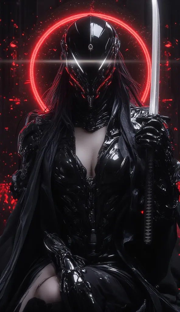 full body view, woman with completely black futuristic retro helmet with ACII visor, has a black leather suit that reveals part of his torso and legs, black borcego shoes,  in his hand he has a sword , cleavage, dark fantasy Style, In the background a room...