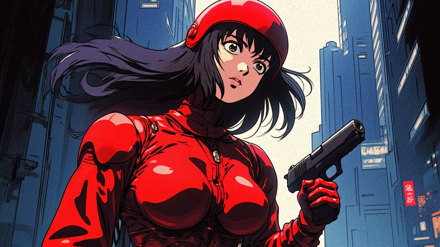 anime woman in red helmet holding a gun in a city, with big breasts, huge boobs, akira movie style, akira vibes, style of akira motion movie, akira art style, akira japanese art, from akira ( 1 9 8 8 ) style, (akira 1988) highly detailed 8k, in the style o...