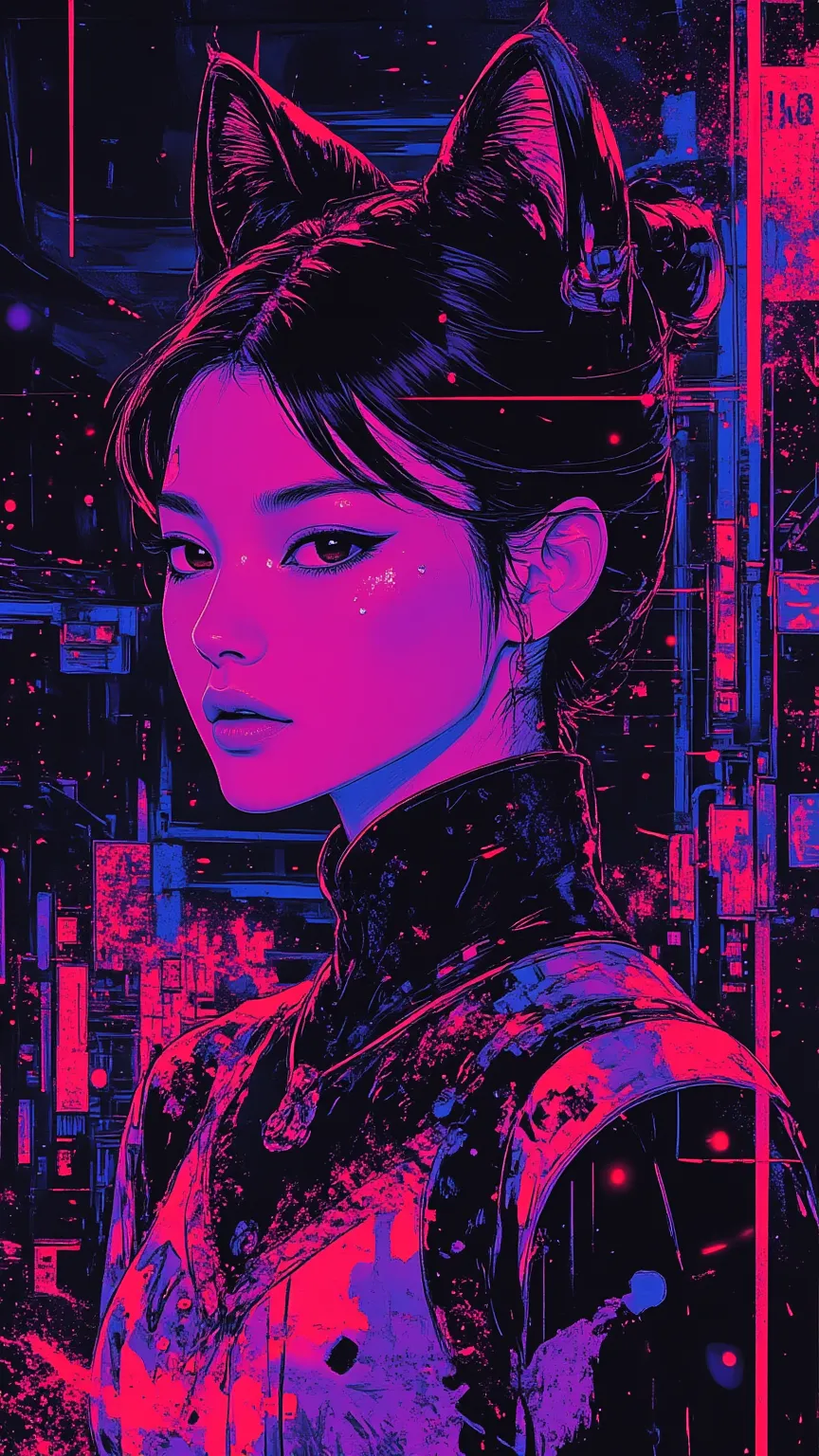 top-quality))、((​masterpiece)、cyberpunked、young korean girl, cat ears, revealing cyberpunk clothing, purples, blues, reds, (andy warhol), illustrated anime, retro style classic, no background, neon colorsplash background, glitter dust, ethereal, shiny skin...