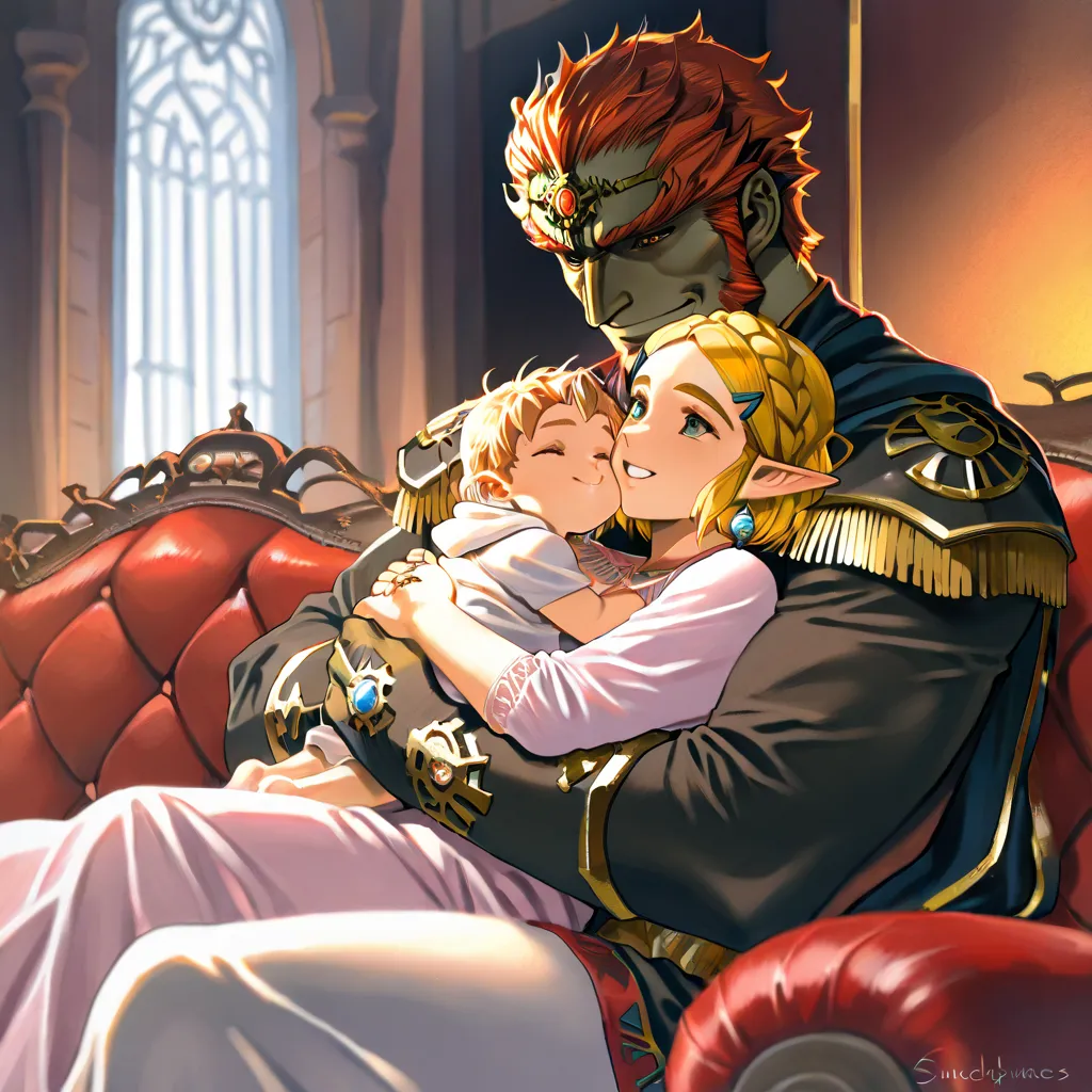 ((top quality)), ((masterpiece)), (details), （perfect face）、The blond Princess Zelda, holding a baby, is a married couple wearing Ganondorf's costume, smiling gently, sitting on a luxurious sofa in an old castle room, and lovingly huddling with her husband...