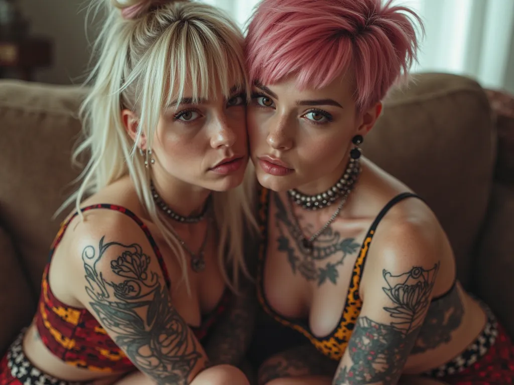 Amateur photo, bokeh. Dramatic photo looking down at subjects as they kneel together on a couch. Analog photo of two beautiful short Caucasian women, 21 years old, one with long thin platinum blonde hair in messy bun, very pale skin, medium build, d-cup br...