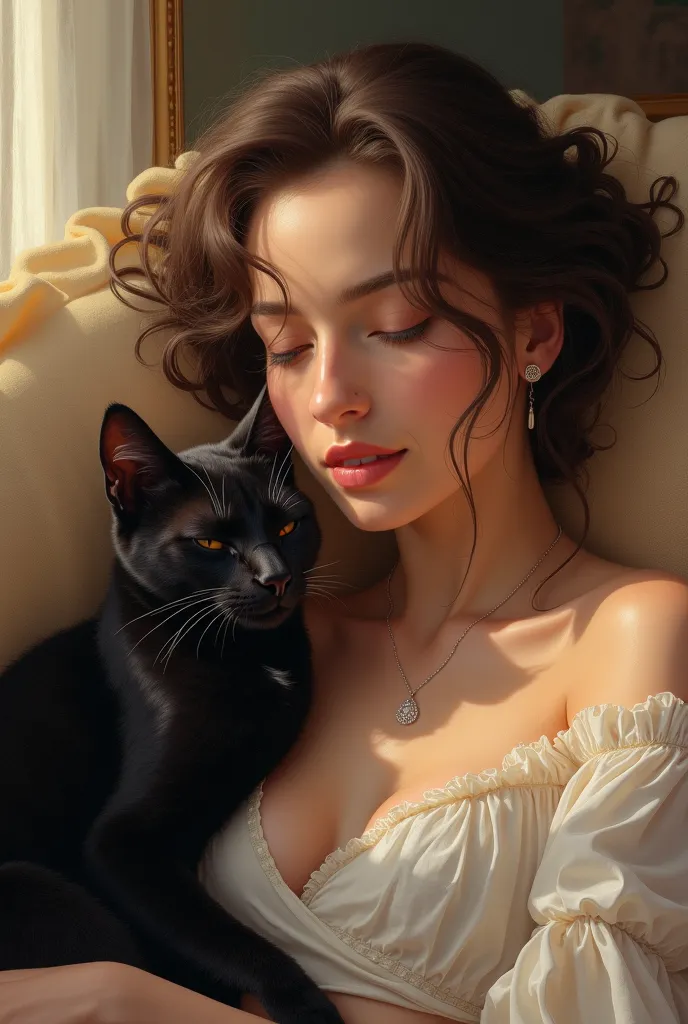  Elegant Woman, your black cat,  look serene , relaxed pose, cozy home environment,  soft light, delicate shadows, hot, oil painting, high definition, ultra-realistic details, vibrant colors, Bokeh effect