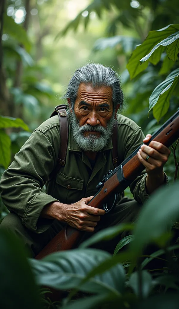  Japanese Soldier , old, with a beard and careless, with a rifle and hidden in the middle of a jungle