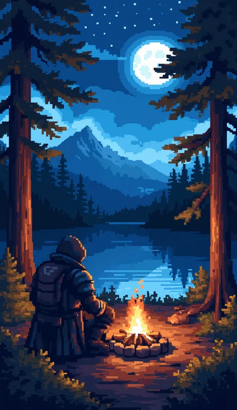 "A pixel art scene of a mysterious traveler sitting by a campfire at night, deep in a forest near a calm lake. The traveler wears a hooded cloak and armor, gazing into the flickering flames. The trees surrounding the scene are illuminated by the warm glow ...