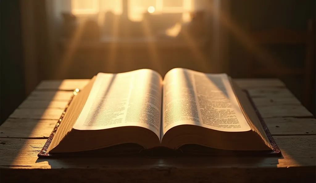 An open Bible on a table at dawn, with rays of light illuminating the words, transmitting peace and morning reflection