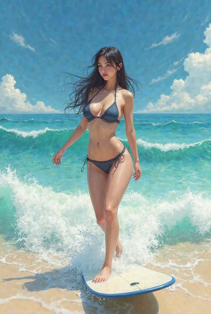 A beautiful Japanese woman with big breasts wears a small bikini and surfs