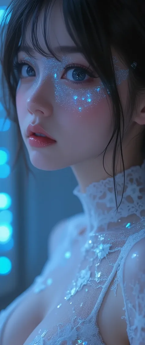 ( A Cybernetic Eye:2.0), best quality , high image quality during sick leave, 16k, stations that emphasizes the buttocks and is unbelievably stupid , very detailed, 2.5D, pastel fantasy with detailed descriptions, cute sexy girl, (、Deep cleavage:1.8), Attr...