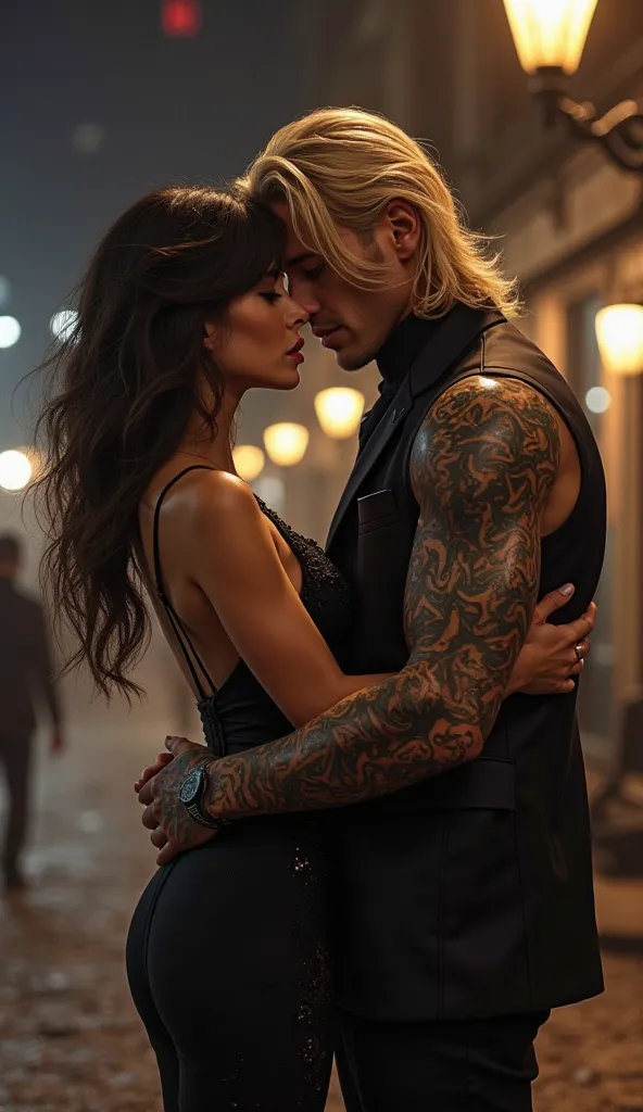 Sexy brunette young woman kisses man with blonde tattooed man hair with classy black mafia suit at night