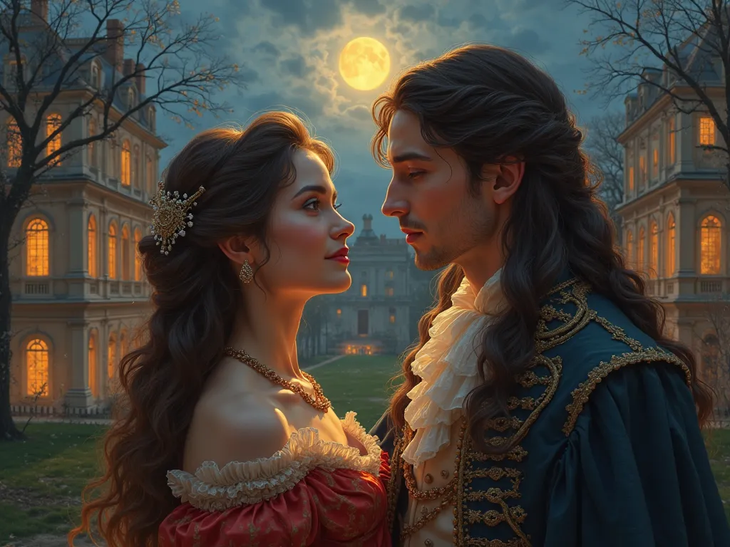 Draw a super handsome young man from the 18th century with a young woman in a pompous dress, On the outskirts  (in the yard) of an 18th century palace, luz de luna, illuminated palace, romantic atmosphere, Man Long Hair, Face of a sexy villain, Picarsque s...