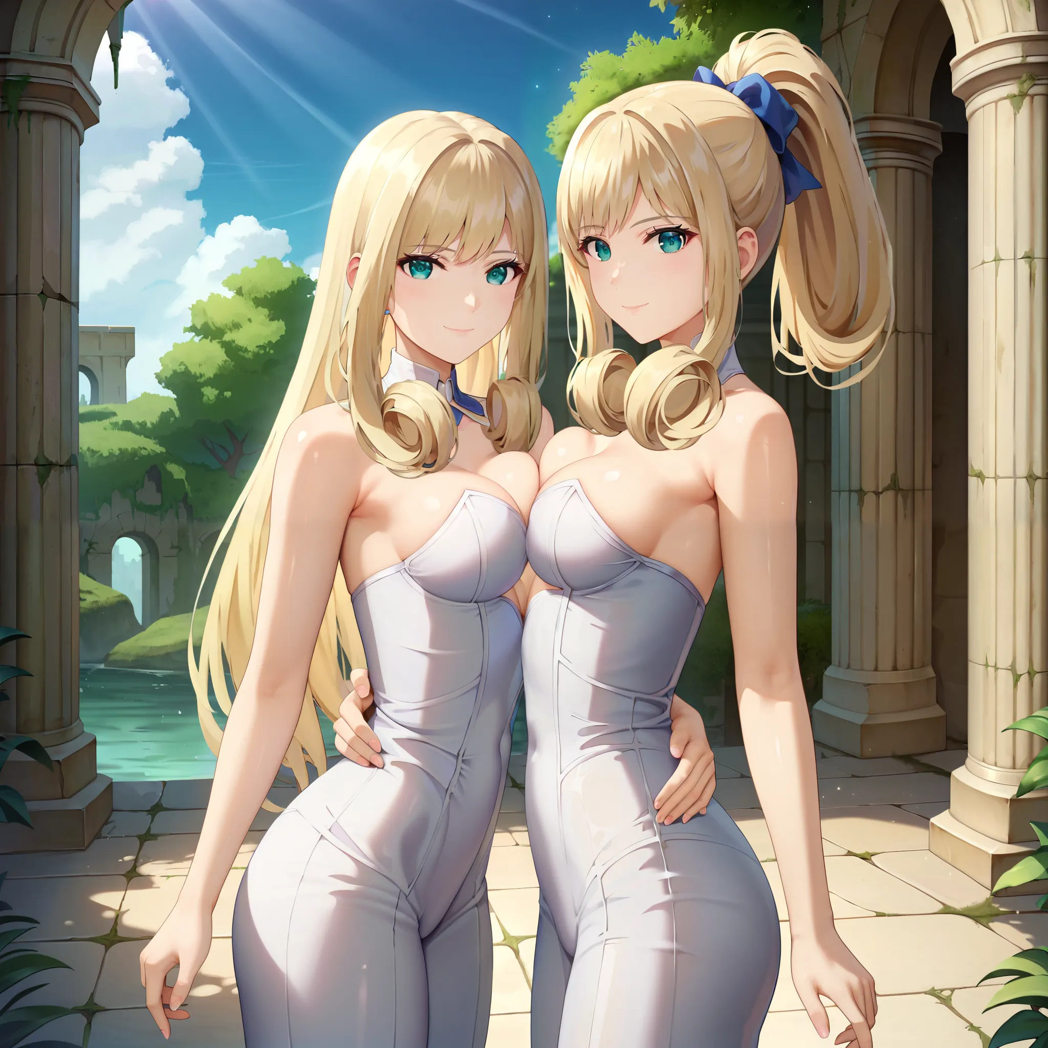 score_9, score_8_up, score_7_up, 1girl, cowboy shot, ,, melia antiqua,ahort hair, teal eyes, ruins and water background ,blonde hair,golden hair,perfect hair,glossy hair,smooth hair,shiny hair,,detailed hair,t,slim body,small breast,young face,delicated fa...