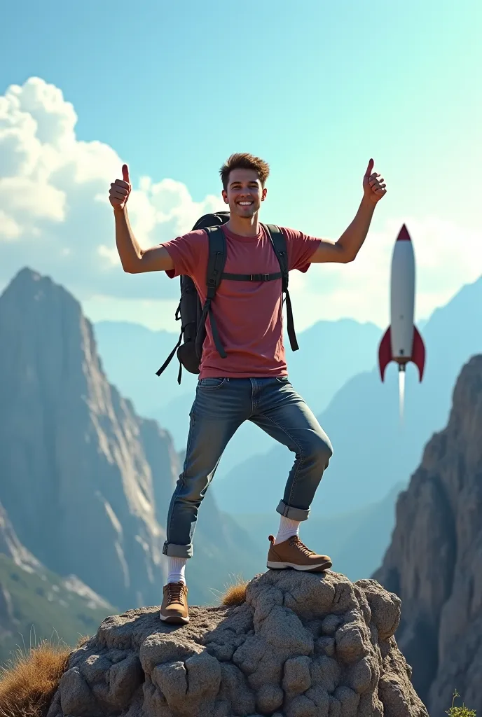 Image with a man hiking on mountain with skinny jeans white long socks giving thumbs up on a rocket