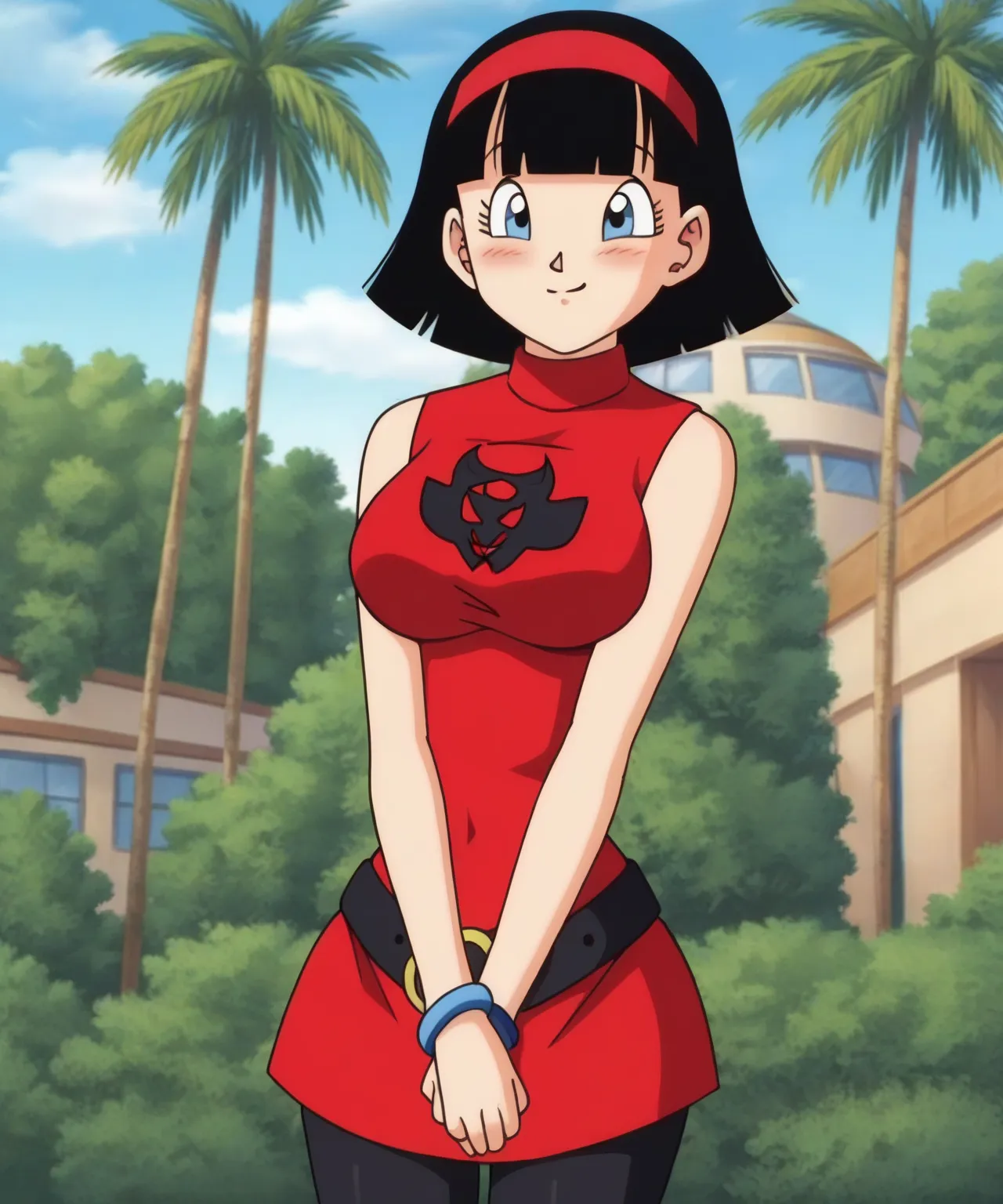 source_anime, score_9, score_8_up, score_7_up, anime screenshot,
videl, dragon ball super, bob cut, 1girl, solo, big breasts, large torso, thick legs, looking at viewer, shy, smile, short hair, bangs, blue eyes, black hair, black belt, looking ahead, hairb...