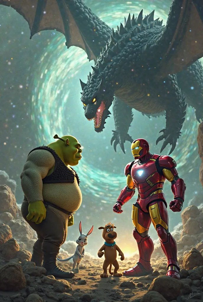 Sherek and Iron Man face each other ready for an epic battle, as a mystical portal and a dark dragon emerge in the background. next to, Bugs munching on a carrot and Scooby-doo looking scared