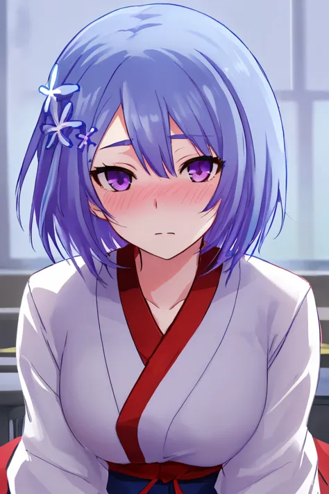 an 18-year-old woman, high resolution, ( breasts), blush, short hair, Hair Ornament, violet eyes, Blue flower-shaped hair clip, ((Lilac and blue hair)), foreground, Animated, Japanese Illustration Style, (white jacket), (falda blanca),bangs, Hair Ornament,...