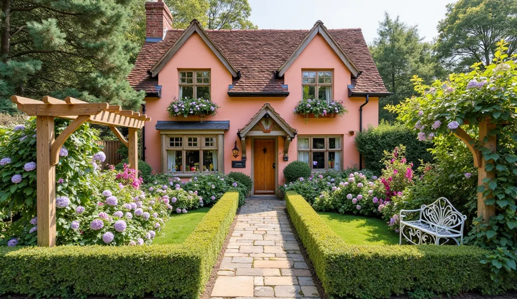 Ultra-HD daylight view of a charming English cottage with a **pale coral exterior** and a **red brick roof**. The house has **large bay windows with wooden shutters** and **flower boxes** filled with **small-looking flowers like pansies and violas**. The g...