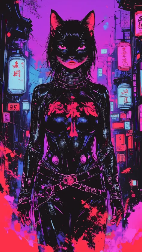 top-quality))、((masterpiece)、cyberpunked、korean catgirl, revealing cyberpunk clothing, purples, blues, reds, (andy warhol), illustrated anime, retro style classic, no background, neon colorsplash background, glitter dust, ethereal, shiny skin,