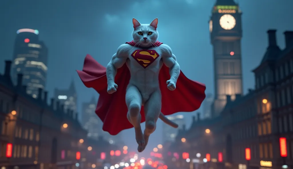 In cinematic 3d realistice style "A muscular white cat dressed as Superman is taking off vertically into the night sky. Its powerful body is well-defined, with a flowing red cape billowing behind it. The cat's determined , reflecting the city lights below....