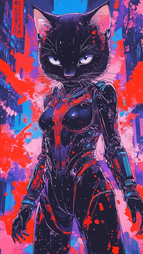top-quality))、((masterpiece)、cyberpunked、catgirl, revealing cyberpunk clothing, purples, blues, reds, whites, (andy warhol), illustrated anime, retro style classic, big breasts, no background, neon colorsplash background, glitter dust, ethereal, shiny ski...