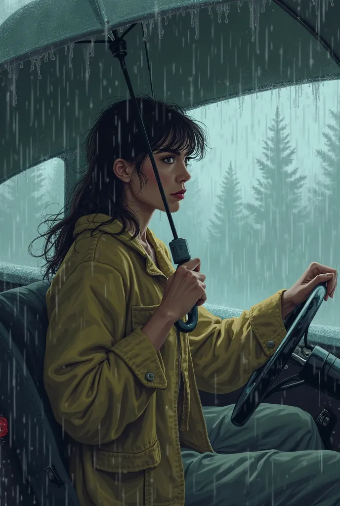 "Illustrate Dawn holding an umbrella in one hand and the steering wheel in the other, navigating through a misty, rain-drenched landscape. The scene should evoke a sense of determination and resilience amid nature’s obstacles."