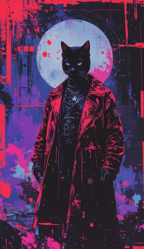 top-quality))、((masterpiece)、cyberpunked、young korean catgirl, revealing cyberpunk clothing, purples, blues, reds, (andy warhol), illustrated anime, retro style classic, no background, neon colorsplash background, glitter dust, ethereal, shiny skin,