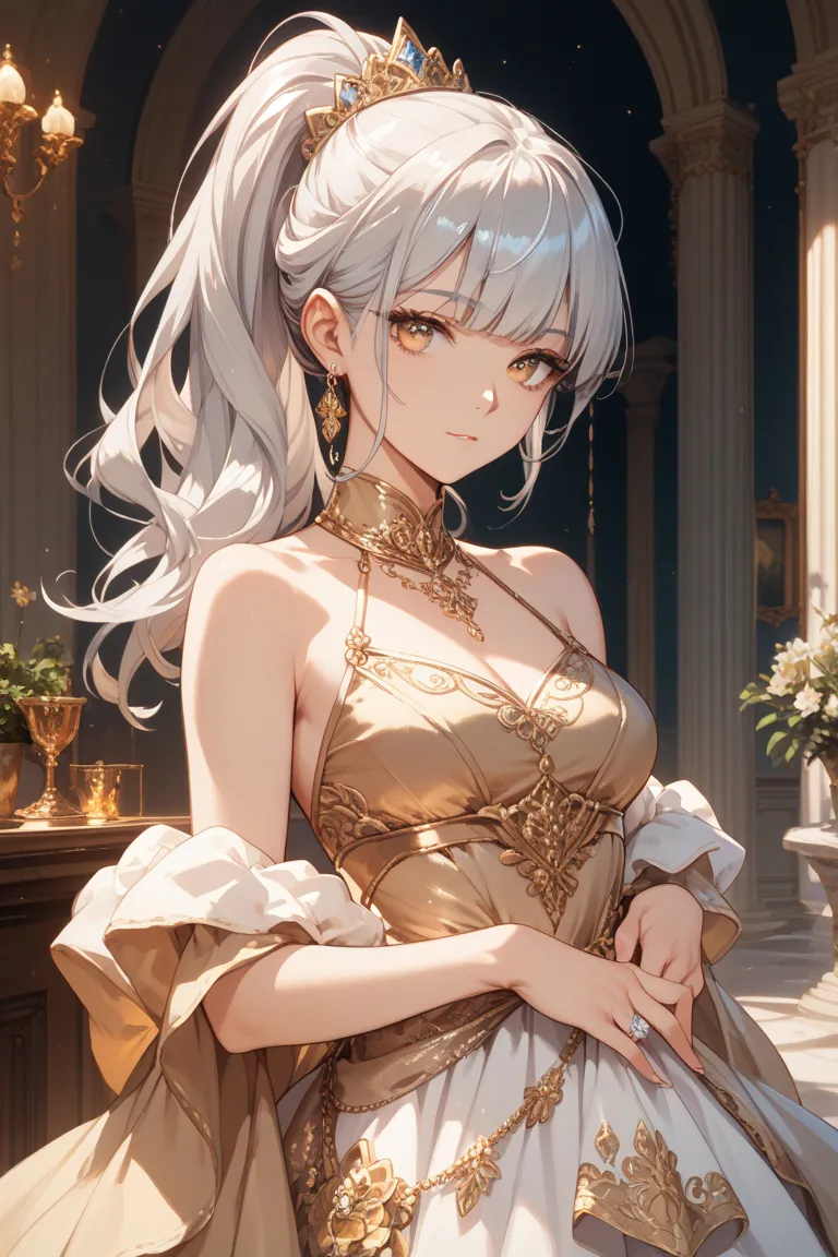 silver hair, ponytail, bangs, golden eyes, gentle dress, princess, big boobs, front beauty