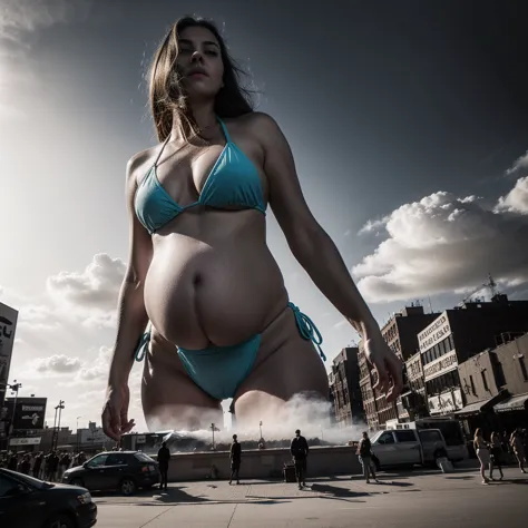   A towering Medusa in town with a raised bikini   ,  Watch the shrunken spectators  ,  Her tight and slender body .  Sie scheint durch die belebte Stadtlandschaft von New York City to schlendern,  to,  as towering buildings rise above them  .   smoke and ...