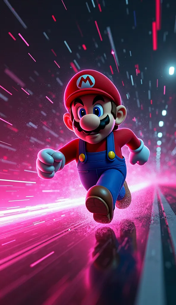 Mario running, neon pink aura, black background 