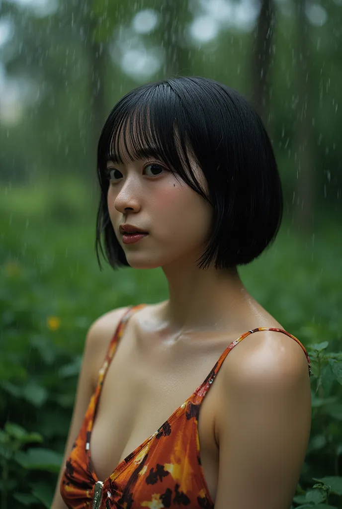 It's raining heavily in the city。,wet,Dripping,wet face, wet clothes,wet skin,wet hair,one girl,A girl with a cute face like a Japanese idol,NoMimic,in the garden,SMALLE BREASTS,(Black Hair Pixie Cut:1.2),(uncut bangs),Immerse yourself in a world of dark t...