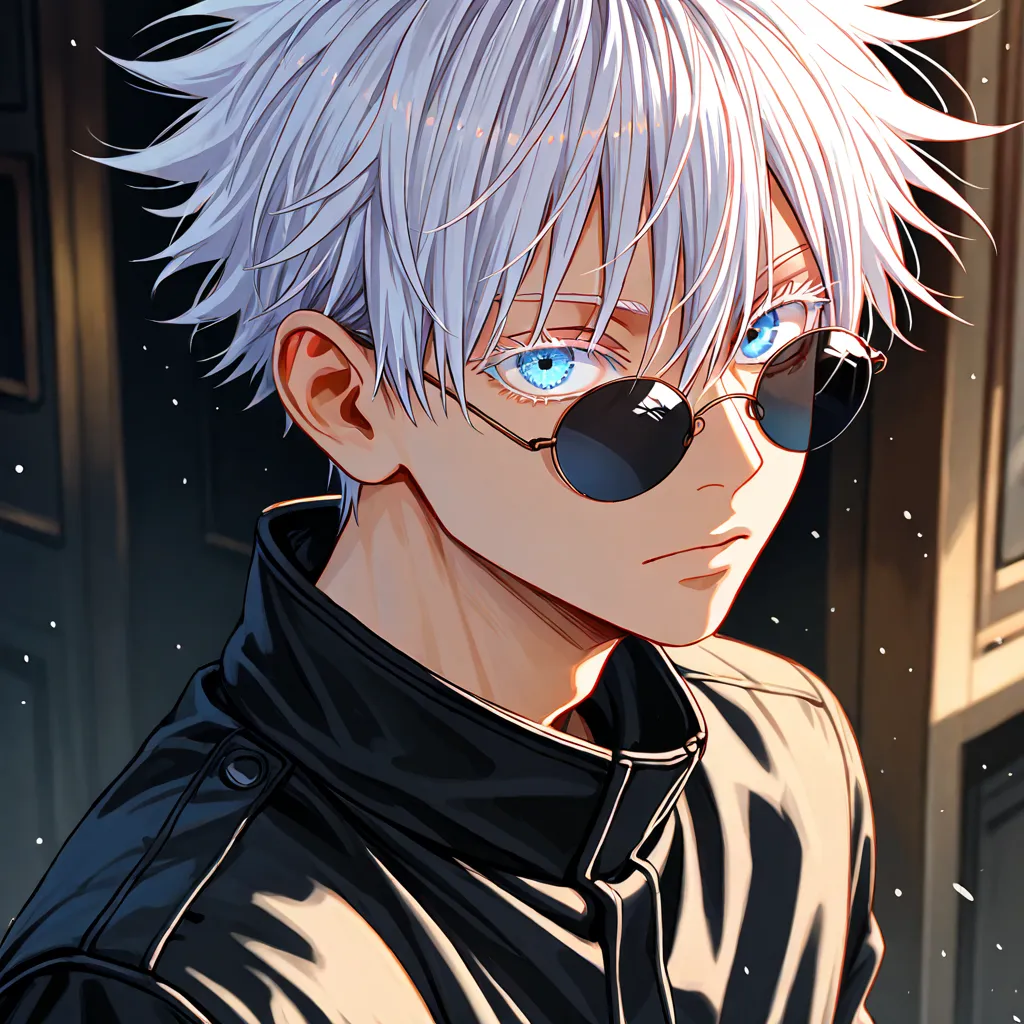 1boy, delicate features, without bangs, medium length hair, no fringe, handsome boy,  short hair, 1boy, white hair,spiked hair,  gojou satoru, blue eyes, colored eyelashes, hair between eyes, black jacket, round sunglasses,upper body, expressionless, looki...