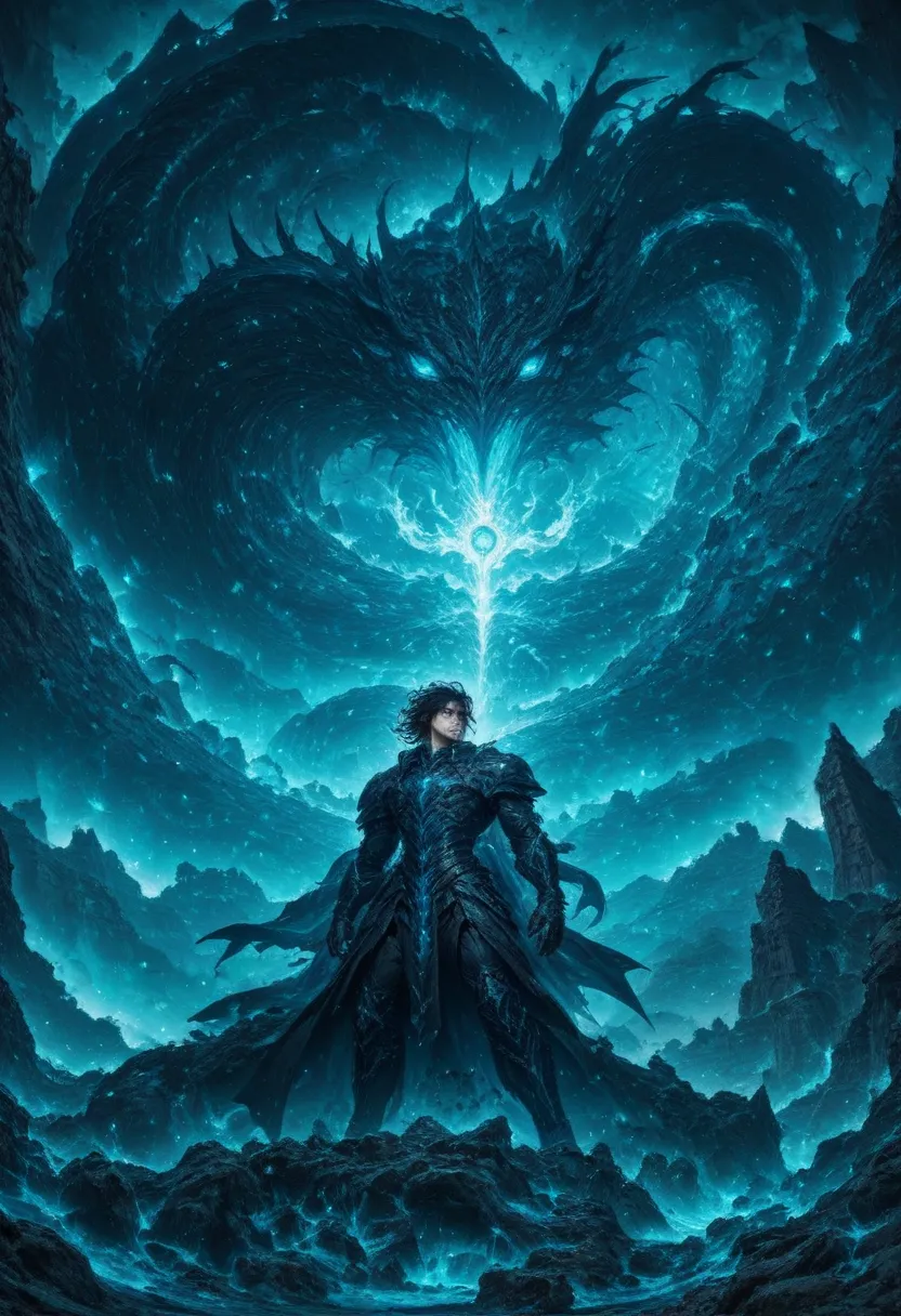 An epic image in the style art featuring animated manhwa style  young man with fierce atmosphere in mystical designed streamlined black armor, short black hair. his hands is manipulating vibrant blue elemental magic. Blue ethereal aura swimming around him....