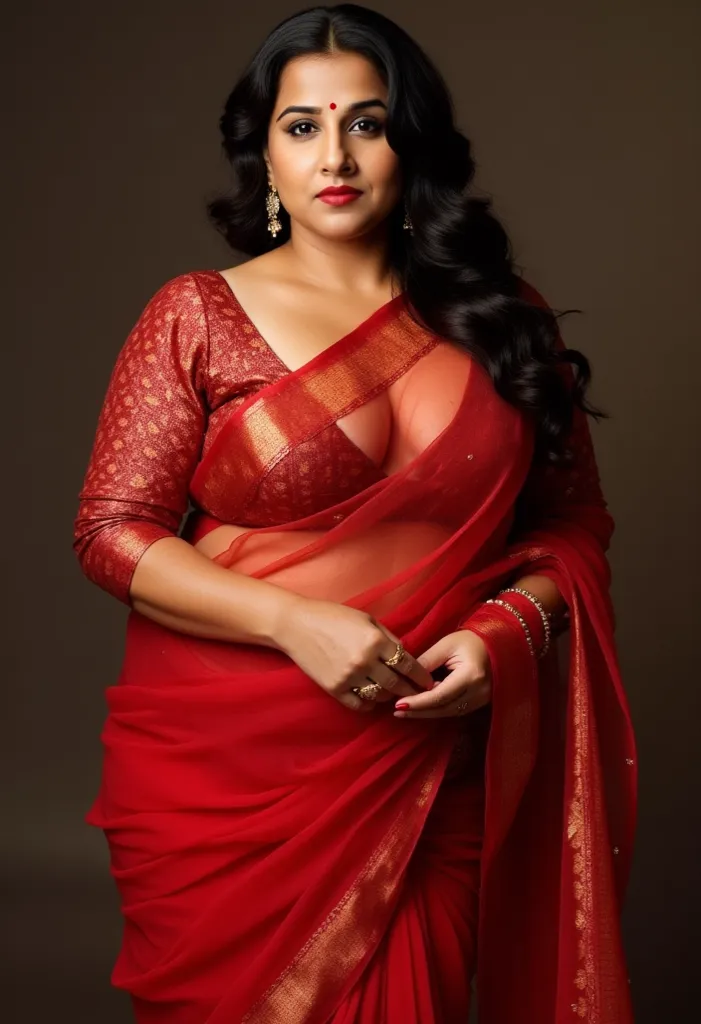 40 yo mature curvy, perfect round breasts, huge cleavage, massive , wearing traditional red saree, transparent, slutty looks, erotic, slutty expressions, biting lower lip, intricate details