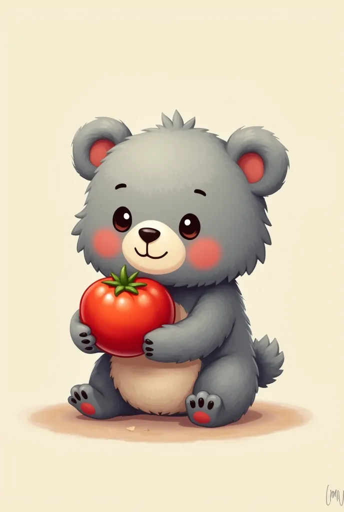 A SMALL GRAY BEAR HOLDS A TOMATO ON THE ARM 1 PIECE OF RED