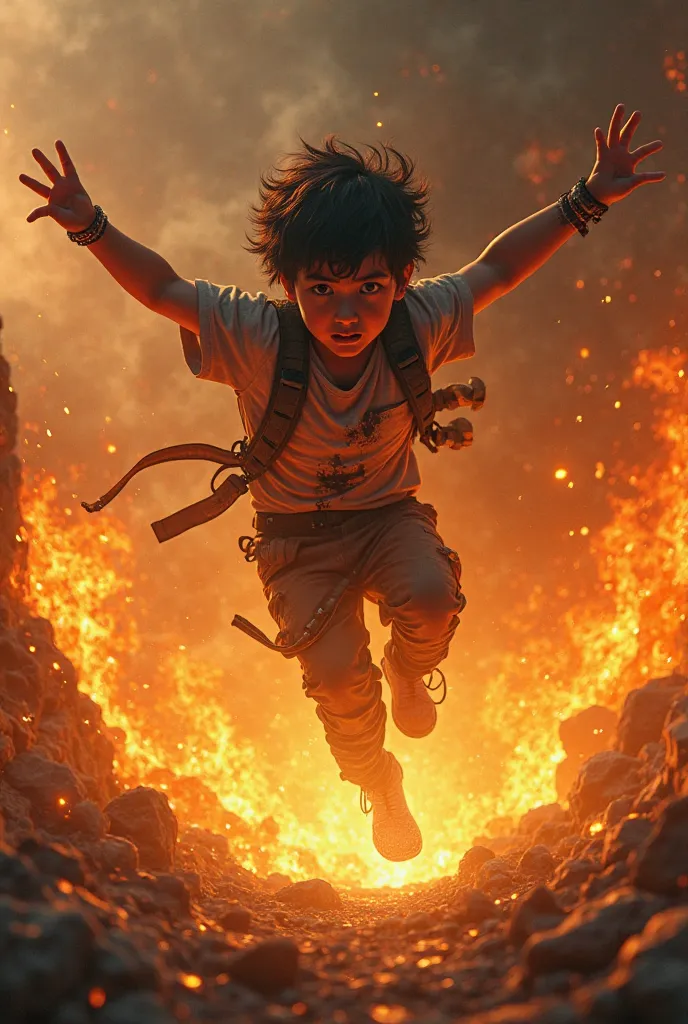 The boy jump in the fire