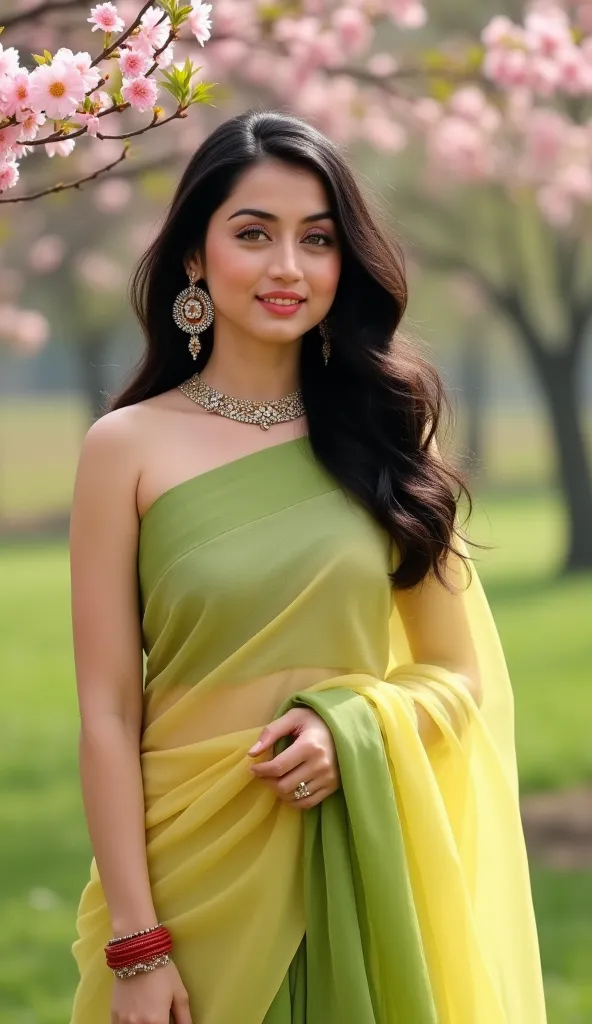 An award winning, full HD, HDR picture of a beautiful woman in her late 20s standing gracefully in a serene spring landscape, surrounded by freshly grown leaves and flowers of various colours. She is elegantly dressed in a modern and stylish chiffon saree,...