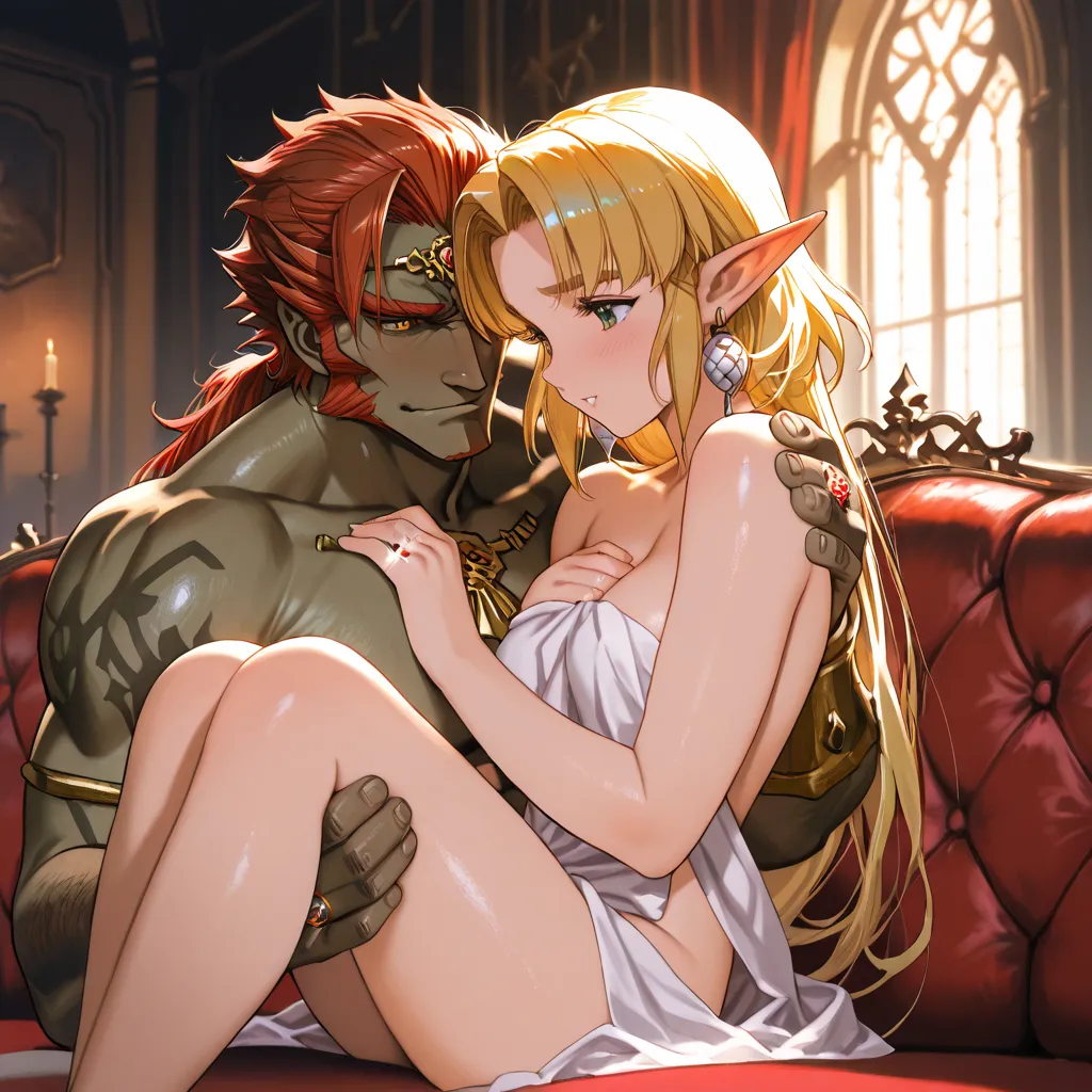 ((top quality)), ((masterpiece)), (details), （perfect face）、The blonde Princess Zelda is the queen of the Gerd tribe and is Ganondorf's wife, a married couple who are naked and smiling gently, sitting on a luxurious sofa in an old castle room, lovingly hud...