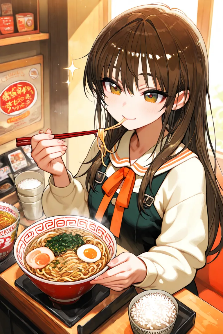 A beautiful woman is sitting in a bustling ramen shop, hot々Savor the ramen. as she gracefully scoops up noodles with chopsticks、The rich aroma of dashi and freshly made noodles fills the rich air. When you take a bite、Her eyes sparkle with joy, enjoy the p...