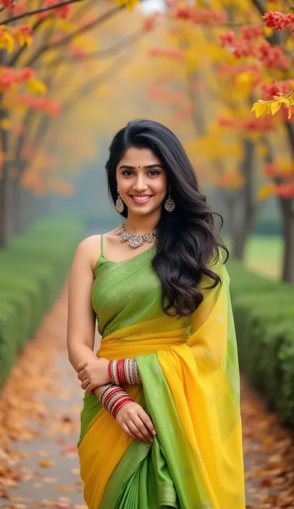 An award winning, full HD, HDR picture of a beautiful woman in her late 20s standing gracefully in a serene autumn landscape, surrounded by freshly grown leaves and flowers of various colours. She is elegantly dressed in a modern and stylish chiffon saree,...