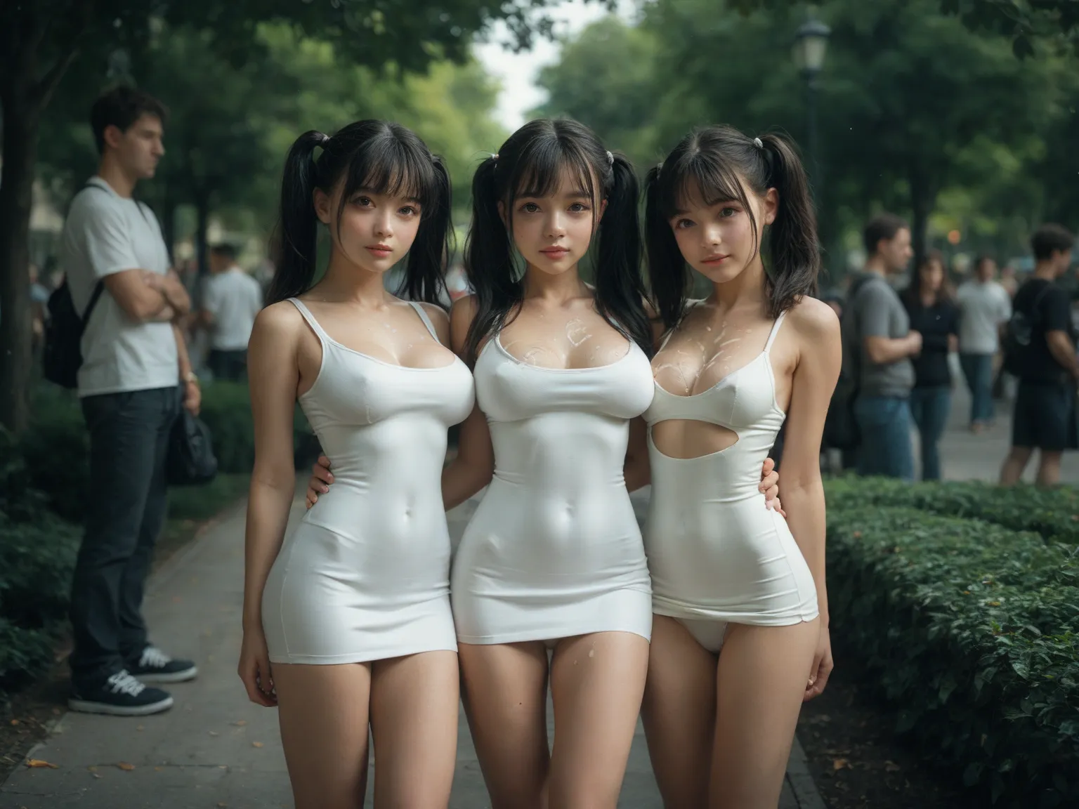  ((3 young women))) ,  a lot of women,  very thin , little waist, large breasts, skinny legs, black hair with 2 pigtails , light white short tight dress, white panties,  of foot,  in the park , , several men, Bukkake, side view,  (((3 young women)))