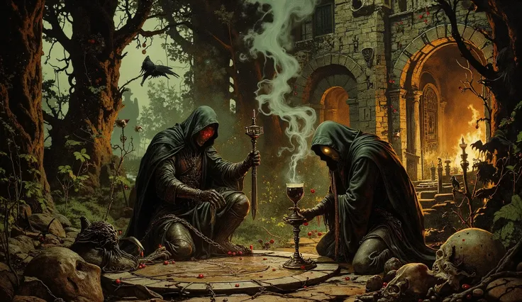 A dark fantasy medieval illustration depicting a mystical coffee plantation intertwined with elements of black beer production. The twisted coffee plants have gnarled roots resembling grasping hands, their dark green leaves curling like claws, and blood-re...