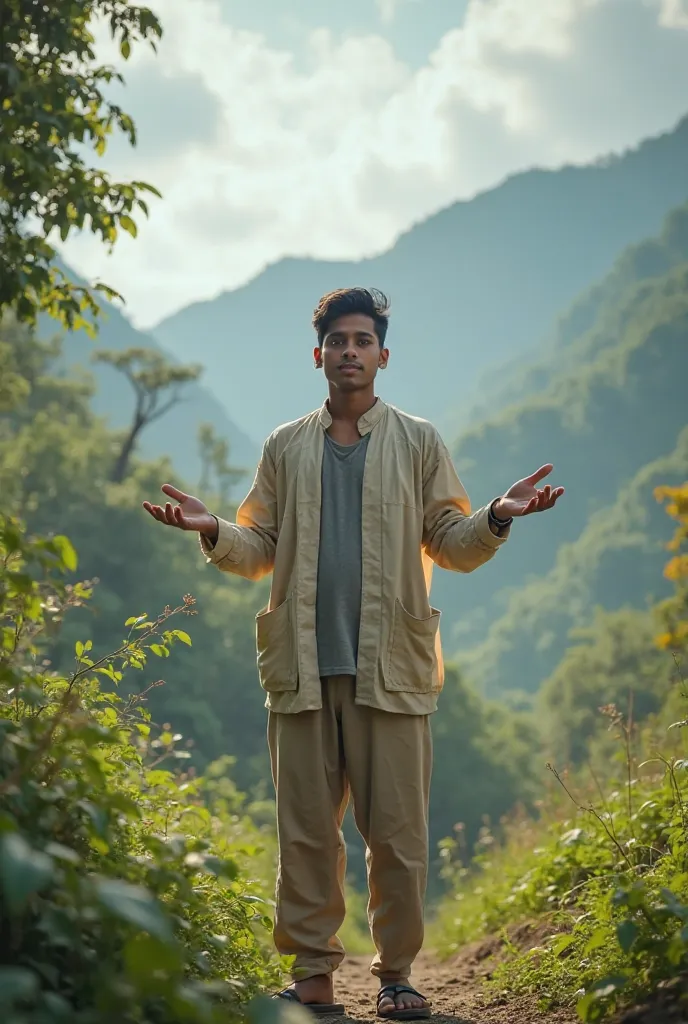 A 24-year-old Bangladeshi boy is standing, seemingly trying to show something with both hands, with a beautiful natural background behind him.

