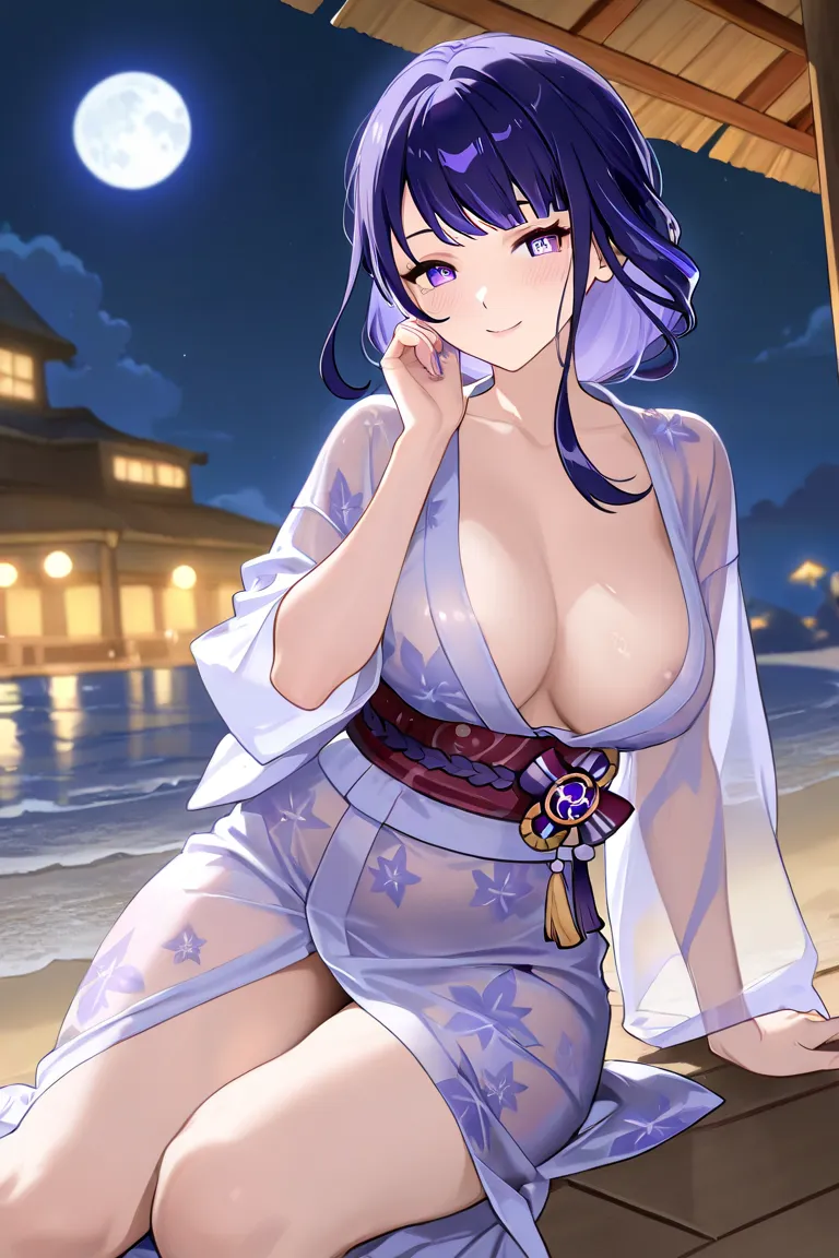 1 girl, Translucent fabric, beach, summer, smile on face, wife ,   smile on her face, 1 girl , purple eyes, yukata miko, red yukata , yukata, night,moon🌙, genshin impact, raiden Shogun , Adult woman, wife, Different hairstyles, Beautiful hairstyles,, not b...